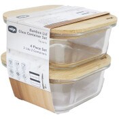 Wholesale - 2pc 18oz STACKED SQUARE GLASS CONTAINER W/BAMBOO LID C/P 12, UPC: 843018112668